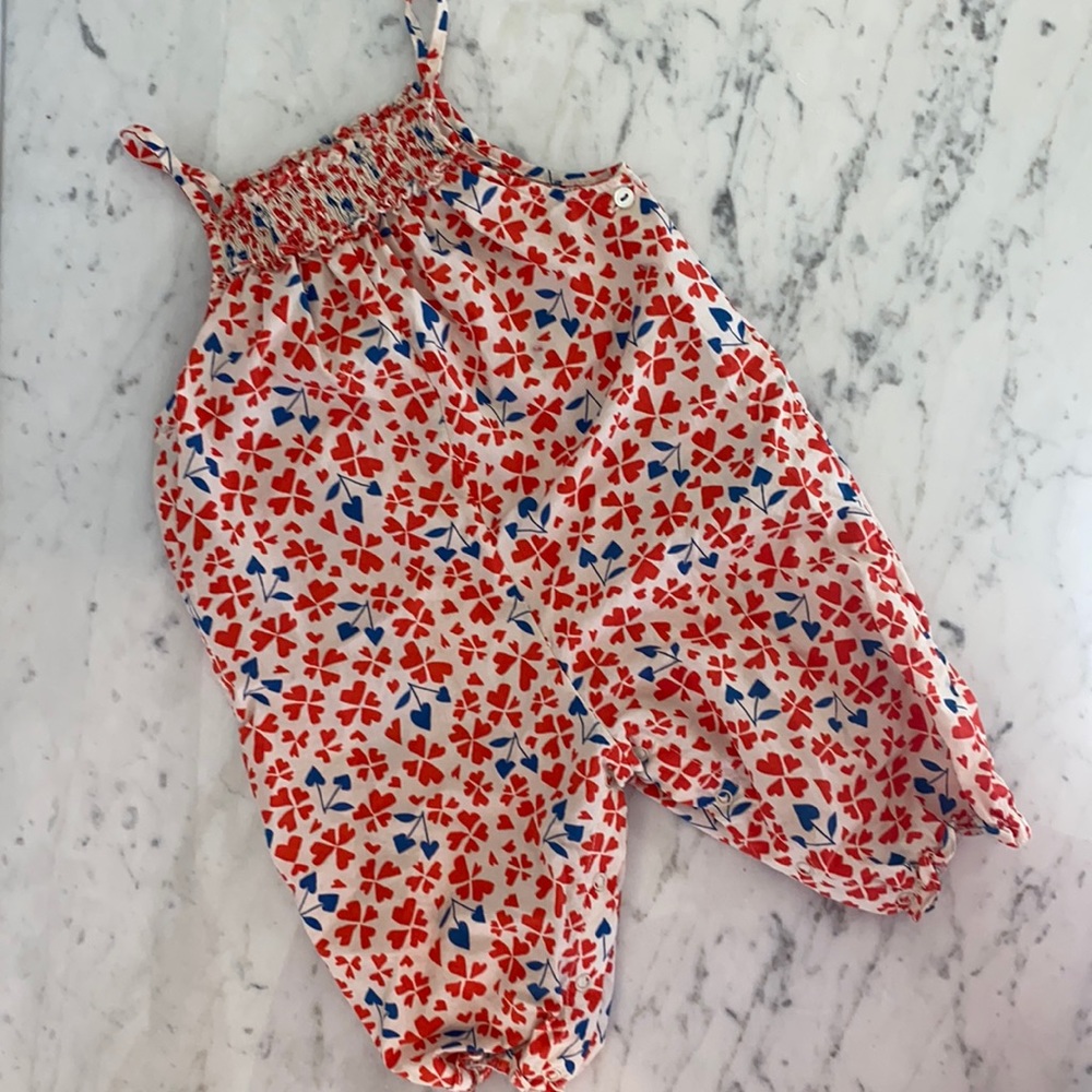Bonpoint print romper. Iconic heart cherry print.